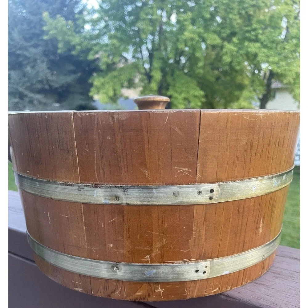 Vintage Wooden Firkin Sugar Bucket Swing Handle Lid 2 Brass Bands 12
